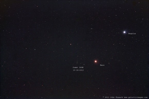 Comet ISON C/2012 S1, Mars, & Regulus on 10-18-2013 Warrenton, Virginia 6:27am EST Canon Rebel Xsi & 170mm lens F6.3, ISO 400, 6 minutes 6 secs. Credit and Copyright: John Chumack.