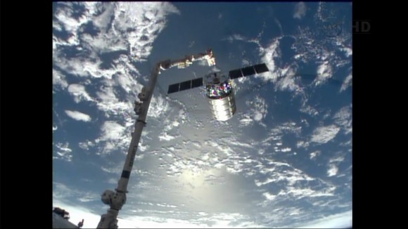 The Cygnus commercial resupply craft departed the ISS this morning (Oct. 22) to complete its maiden voyage after being released from Canadarm2 by station astronauts. Credit: NASA TV