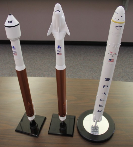 Scale models of NASA’s Commercial Crew program vehicles and launchers; Boeing CST-100, Sierra Nevada Dream Chaser, SpaceX Dragon. Credit: Ken Kremer/kenkremer.com