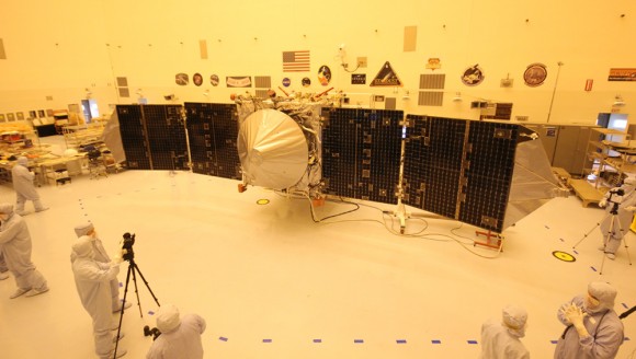 The upcoming Nov. 18 blastoff of NASA’s new MAVEN Mars orbiter is threatened by the today’s US Federal Government shutdown. Launch processing work has now ceased! Spacecraft preps had been in full swing when MAVEN was unveiled to the media, including Universe Today, inside the cleanroom at the Kennedy Space Center on Sept. 27, 2013. Credit: Ken Kremer/kenkremer.com