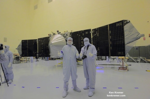 NASA's MAVEN Mars orbiter, chief scientist Prof. Bruce Jakosky of CU-Boulder and Ken Kremer of Universe Today inside the clean room at the Kennedy Space Center on Sept. 27, 2013. MAVEN launches to Mars on Nov. 18, 2013 from Florida. Credit: Ken Kremer/kenkremer.com