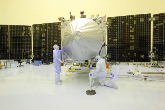 Technicians resumed spacecraft preparations for NASA's MAVEN orbiter today (Oct. 3) towards meeting the hoped for Nov. 18 launch to Mars after receiving an 'emergency exemption' from forced furloughs.  The Oct. 1 US Government shutdown had stopped all work on MAVEN and other NASA missions. Credit: Ken Kremer/kenkremer.com