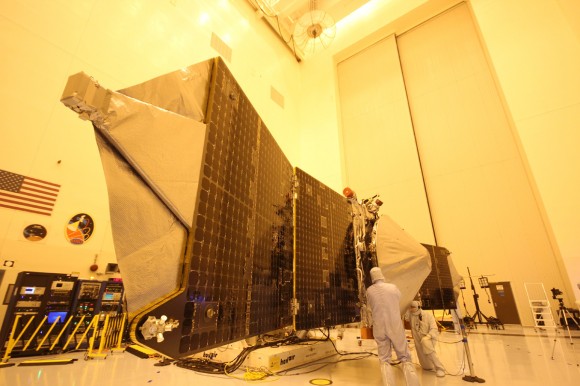 Magnetometer science instrument juts out from MAVEN solar panel during launch processing inside the clean room at the Kennedy Space Center. Credit: Ken Kremer/kenkremer.com
