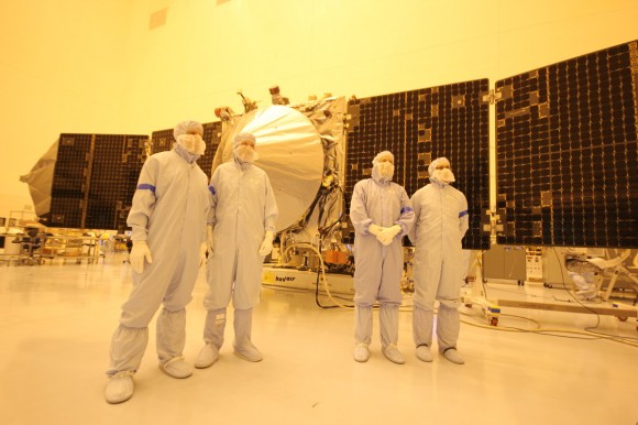 MAVEN team members, including chief scientist Bruce Jakosky (2nd from left) pose with spacecraft inside the cleanroom at the Kennedy Space Center on Sept. 27, 2013. Credit: Ken Kremer/kenkremer.com