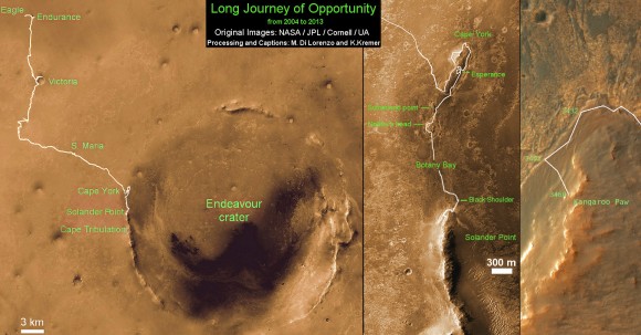 Traverse Map for NASA’s Opportunity rover from 2004 to 2013. This map shows the entire path the rover has driven during nearly 10 years and over 3460 Sols, or Martian days, since landing inside Eagle Crater on Jan 24, 2004 to current location ascending her 1st Martian Mountain - Solander Point - at the western rim of Endeavour Crater. Opportunity discovered clay minerals at Esperance - indicative of a habitable zone and seeks clay minerals now at Solander. Credit: NASA/JPL/Cornell/ASU/Marco Di Lorenzo/Ken Kremer