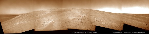 Opportunity starts Martian Mountaineering. NASA’s Opportunity rover captured this southward uphill panoramic mosaic on Oct. 21, 2013 (Sol 3463) after beginning to ascend the northwestern slope of "Solander Point" on the western rim of Endeavour Crater - her 1st mountain climbing adventure. The northward-facing slope will tilt the rover's solar panels toward the sun in the southern-hemisphere winter sky, providing an important energy advantage for continuing mobile operations through the upcoming winter. Assembled from Sol 3463 navcam raw images by Marco Di Lorenzo and Ken Kremer. Credit: NASA/JPL/Cornell/Marco Di Lorenzo/Ken Kremer
