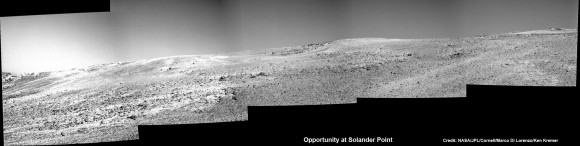 The summit of Solander Point. Opportunity rover captured mosaic on Oct. 21, 2013 (Sol 3463) after beginning to ascend the northwestern slope of "Solander Point" on the western rim of Endeavour Crater - her 1st mountain climbing adventure. Assembled from Sol 3463 pancam high resolution raw images by Marco Di Lorenzo and Ken Kremer. Credit: NASA/JPL/Cornell/Marco Di Lorenzo/Ken Kremer