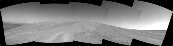 NASA’s Opportunity rover captured this southward uphill view on Oct. 21, 2013 after beginning to ascend the northwestern slope of "Solander Point" on the western rim of Endeavour Crater. The northward-facing slope will tilt the rover's solar panels toward the sun in the southern-hemisphere winter sky, providing an important energy advantage for continuing mobile operations through the upcoming winter. Credit: NASA/JPL