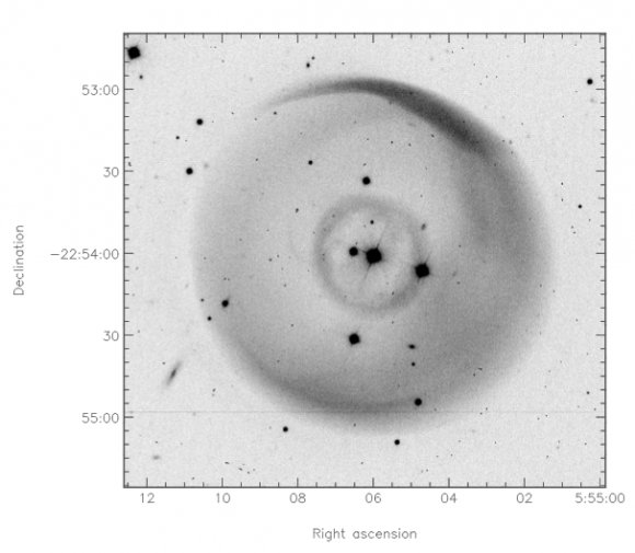 LoTr 1 with a binary central star system and two slightly elongated shells, with ages of 17 and 35 thousand years.