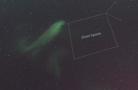 This comet-like wisp next to Alpha Andromeda east of the Square of Pegasus appeared to flutter in the wind as it constantly dimmed, brightened and shape-shifted. Credit: Bob King