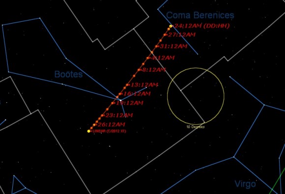 The path of Comet C/2012 X1 LINEAR from October 23 to November 28th. Click to enlarge. (Credit: Created using Starry Night Education Software).