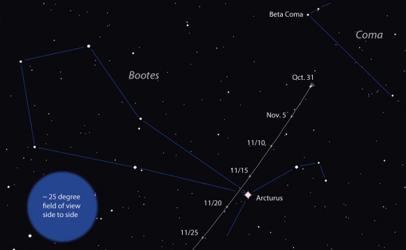 C/2012 X1 (LINEAR) hovers low in the northeast in Coma Berenices near Beta. Because it's much further from Earth than the other 3 comets it moves more slowly across the sky. Click to enlarge.