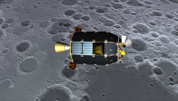 An artist's concept of NASA's Lunar Atmosphere and Dust Environment Explorer (LADEE) spacecraft seen orbiting near the surface of the moon after successfully entering lunar orbit on Oct. 6, 2013. Credit: NASA Ames / Dana Berry