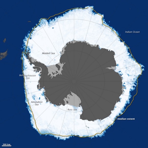 Antarctica's sea ice on Sept. 22, 2013. Scientists say there was more ice on the ocean then than in any time in recorded satellite history. Data came from the Advanced Microwave Scanning Radiometer 2 (AMSR2) sensor on Japan’s Global Change Observation Mission 1st-Water (GCOM-W1) satellite. You can see the land in dark gray and ice shelves in light gray. The yellow line represents the average distribution of sea ice between 1981 and 2000. Credit: NASA/Jesse Allen, using data from the Advanced Microwave Scanning Radiometer 2 (AMSR2) sensor on the Global Change Observation Mission 1st-Water (GCOM-W1) satellite.
