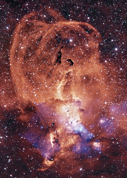 NGC 3576, a nebula 9,000 light-years from Earth, in X-ray (blue) and optical data. Chandra spotted evidence of strong winds coming from young stars in the nebula. Optical data from the European Space Observatory is shown in orange and yellow. Credit: X-ray: NASA/CXC/Penn State/L.Townsley et al, Optical: ESO/2.2m telescope