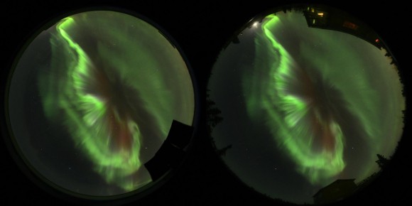 Images of aurora in Alaska captured by two digital SLRs. Differences in the left and right pictures allow researchers to measure at what altitude the electrons were. Credit: Kataoka et al., 2013