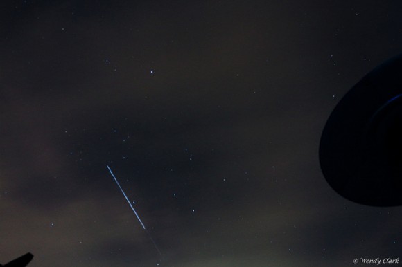 The orbital paths of the International Space Station and the Cygnus capsule overlap in this 20 second exposure taken from Bannister Green, England on October 22, 2013. Credit and copyright: Wendy Clark.
