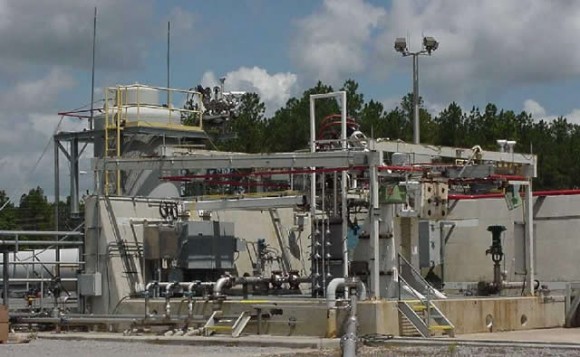 The E-2 test stand at NASA Stennis Space Center in southern Mississippi. The stand is used for vertical and horizontal rocket engine tests, among other things. Credit: NASA