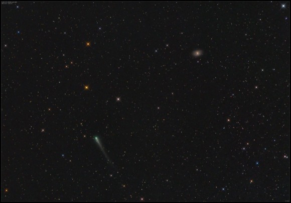 Comet C/2012 S1 ISON captured passing fairly close to the bright barred spiral galaxy M95 in Leo on October 24, 2013. Credit and copyright: Damian Peach.
