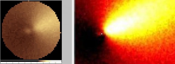 Additional analysis and processing shows a forward, Sun-facing feature on Comet ISON. Credit: Dr. Nalin Samarasinha of the Planetary Science Institute.