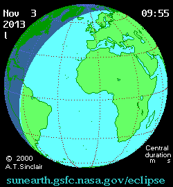 Animation of 2013 November 3 solar eclipse. The large gray circle shows the area of the partial solar eclipse. The very small dark dot in the middle depicts the path of the total solar eclipse. Credit: NASA/Goddard Space Flight Center.