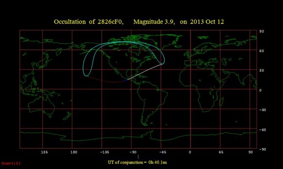 The occultation of Rho Saggitarii by the Moon for the night of October 11th. (rendered using Occult 4.1.02 software).