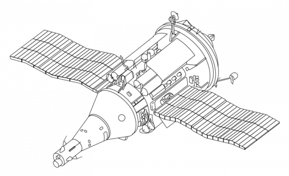 A line drawing of the TKS (Transportnyi Korabl’ Snabzheniia, or Transport Supply Spacecraft). It was intended to send crew and cargo together in one flight, but delays and a change in program priorities never allowed it to achieve that. According to NASA, versions of TKS (under the Cosmos designation) flew to the Salyut 6 and Salyut 7 space station. The cargo part of the spacecraft was also used for Russian base modules in the Mir space station and International Space Station. Credit: NASA/Wikimedia Commons