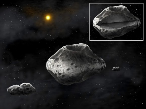 Artist's concept of the triple asteroid system: Sylvia (in the center) is surrounded by two moons, Romulus and Remus. Inset: The differentiated interior of Sylvia. Credit: Danielle Futselaar/SETI Institute