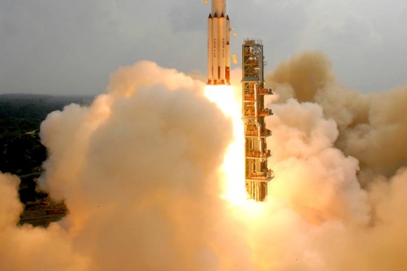 Golden smoke engulfs the First Launch Pad as the PSLV C25 takes off with ISRO's Mars Orbiter Mission Spacecraft. Credit: ISRO
