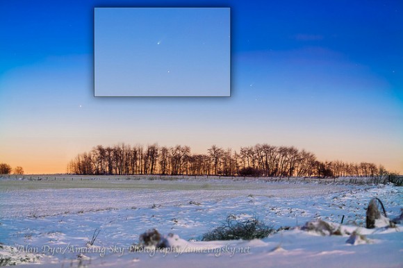 Comet ISON (C/2012 S1) in the morning twilight, above centre, with Mercury above the trees at left of frame. Taken from home in southern Alberta, November 21, 2013, using the 135mm lens at f/2.8 and Canon 5D MkII at ISO 1600 for stack of 5 x 4 second exposures, tracked with the iOptron SkyTracker, with the ground from one exposure to avoid blurring from the tracking motion. Credit and copyright: Alan Dyer/Amazing Sky Photography.