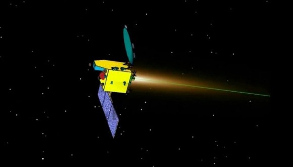 Artists concept shows First Midnight Manouever of ISRO’s Mars Orbiter Mission Spacecraft with successful thruster firing of the liquid engine on Nov. 6 2013. Credit: ISRO