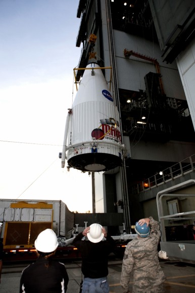 MAVEN Mated to Atlas. On Nov. 8,2013, NASA's Mars Atmosphere and Volatile Evolution, or MAVEN spacecraft, is hoisted to the top of a United Launch Alliance Atlas V rocket at the Vertical Integration Facility at Launch Complex 41. Credit: NASA/Kim Shiflett