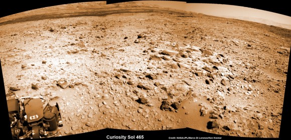 Curiosity looks to the base of Mount Sharp and the Murray buttes - her ultimate climbing destination - in this mosaic assembled from of navcam camera images from Sol 465, November 2013.  Credit: NASA / JPL / MSSS / Marco Di Lorenzo / Ken Kremer- kenkremer.com