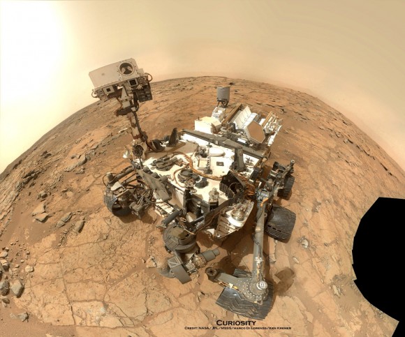 NASA's Mars rover Curiosity took this self-portrait, composed of more than 50 images using its robotic arm-mounted MAHLI camera, on Feb. 3. The image shows Curiosity at the John Klein drill site. A drill hole is visible at bottom left.  Credit: NASA / JPL / MSSS / Marco Di Lorenzo / Ken Kremer- kenkremer.com