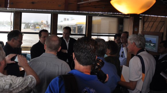 SpaceX founder and CEO Elon Musk (right) and Martin Halliwell (left), SES chief technical officer briefs reporters including Universe Today on Sunday (Nov. 24) in Cocoa Beach, FL prior to planned SpaceX Falcon 9 rocket blastoff with SES-8 communications satellite set for Nov. 25, 2013 from Cape Canaveral, FL. Credit: Urijan Poerink