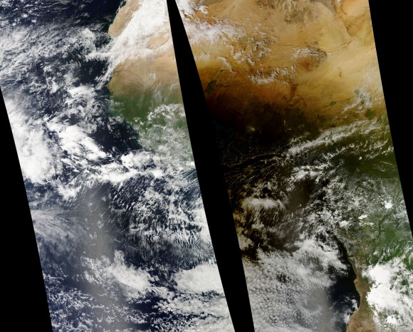 Sunday's eclipse and the Moon's umbra as seen from the Aqua satellite. (Credit: NASA/GSFC/Jeff Schmaltz/MODIS Land Rapid Response Team).