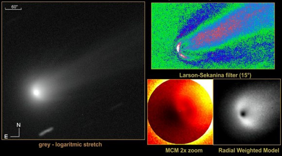 Symmetrical "wings" photographed branching from Comet ISON's coma on Nov. 15. At right, the photo has been specially processed to show the structure more clearly. Credit: Erik Bryssinck