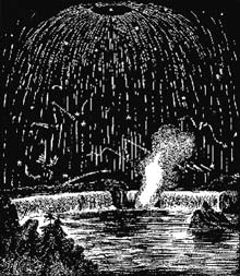 A Woodcut print depicting the 1933 Leonids as seem from Niagara Falls. (Wikimedia Commons image in the Public Domian).