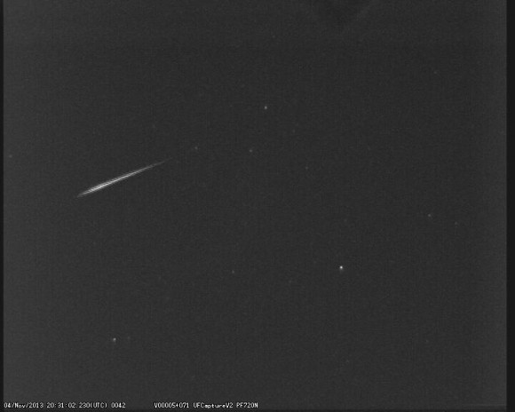 An early Leonid meteor captured last week from the United Kingdom Meteor Observing Network's Church Crookham station. (Credit: UKMON/Peter-Campbell-Burns).