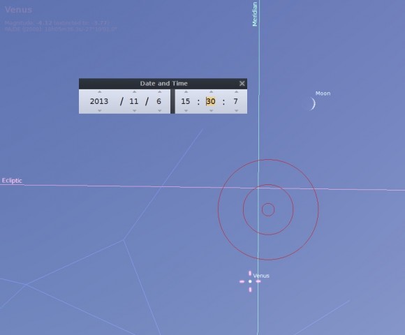 A daytime Venus near the Moon transiting to the south at about 3:30PM EST today. A 5 degree wide Telrad "bullseye" is provided for scale. (Credit: Stellarium).