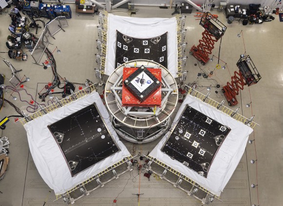 The three panel or fairings encapsulating a stand-in for Orion’s service module successfully detach during a test Nov. 6, 2013 at Lockheed Martin’s facility in Sunnyvale, Calif. Image Credit: Lockheed Martin