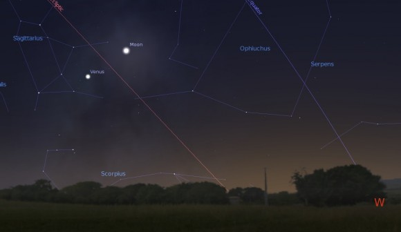 Venus and the waxing crescent Moon, looking to the west tonite at 30 minutes after sunset for latitude 30 degrees north. (Created using Stellarium).