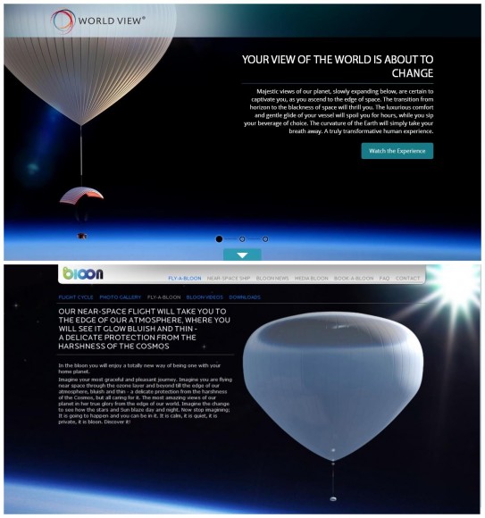 Web pages for proposed balloon flights from Paragon Space Development Corp.'s World View (top) and zero2infinity's Inbloon (bottom).