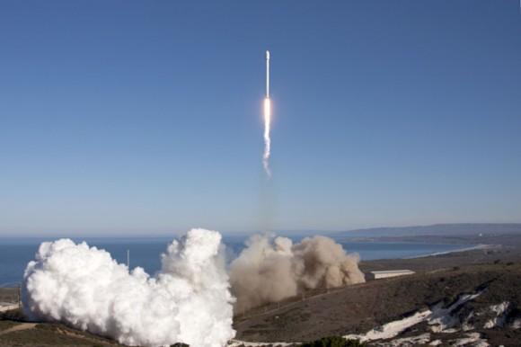 Falcon 9 lifts off from SpaceX's pad at Vandenberg on Sept 29, 2013, carrying Canada's CASSIOPE satellite to orbit. Credit: SpaceX
