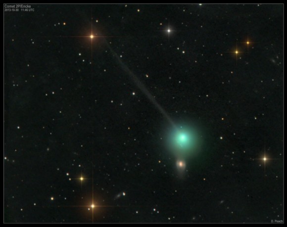 Comet 2P/Encke on October 30, 2013. The coma is partially obscuring the small barred spiral galaxy NGC 4371. Credit and copyright: Damian Peach.