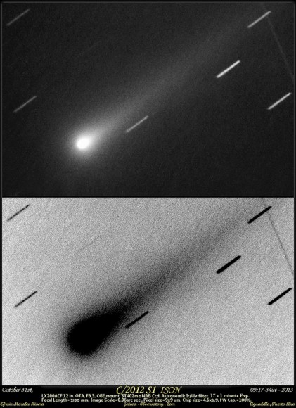 Comet ISON C/2012 S1 On October 31st, 09:17-34 UTC. Coma much denser now around the nucleus and possibly both tails (Ion,Dust) on negative image (lower right) 17 x 1 minute exposures. Credit and copyright: Efrain Morales/Jaicoa Observatory