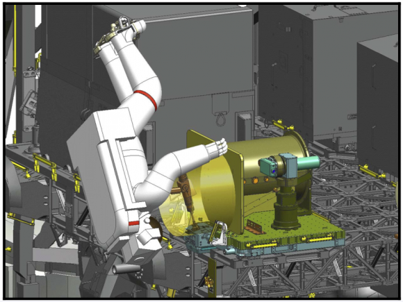 Artist's conception of an astronaut installing the Optical PAyload for Lasercomm Science (OPALS) experiment, which will be installed on the Earth-facing side of the International Space Station. Credit: NASA 