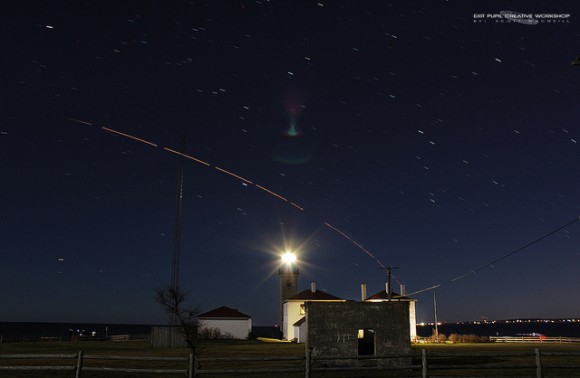 The ORS-3 mission launch as it passed over Beavertail Lighthouse in Jamestown, Rhode Island, USA. Credit and copyright: Scott MacNeil. 