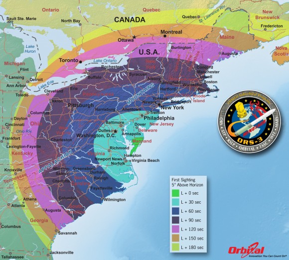 A map showing where the launch will be on the East Coast on Nov. 19, 2013. Credit: Orbital Sciences Corporation.