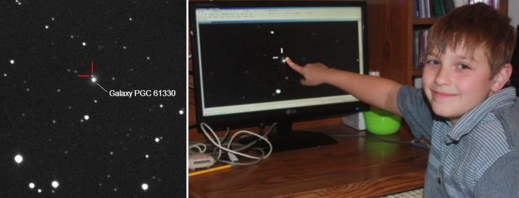 Canadian Nathan Gray (right) is likely the youngest person to discover a supernova. The supernova candidate (left) is probably located some 600 million light-years away (image from the ARO--Dave Lane).  Follow-up observations will soon be acquired to confirm the supernova's class and nature.